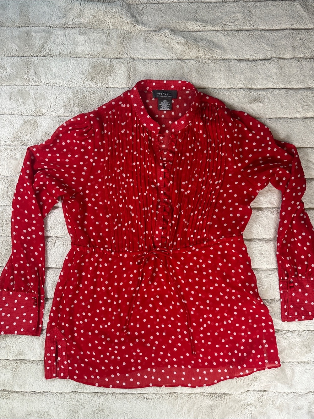 Red White Polka Dot Lightweight Blouse With Cloth Button Detail and Tie Waist, M